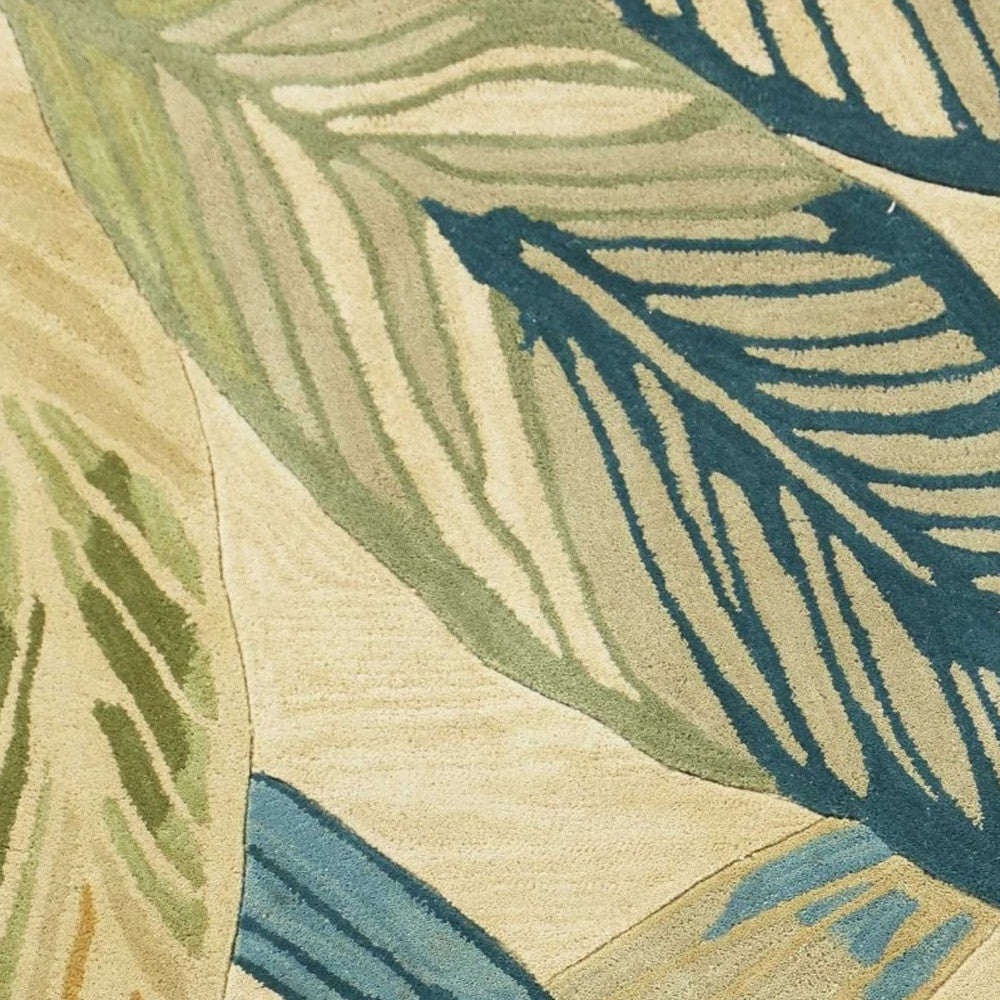 5' X 8' Ivory Teal And Green Wool Tropical Botanical Hand Tufted Area Rug-Area Rugs-DECOROLALA