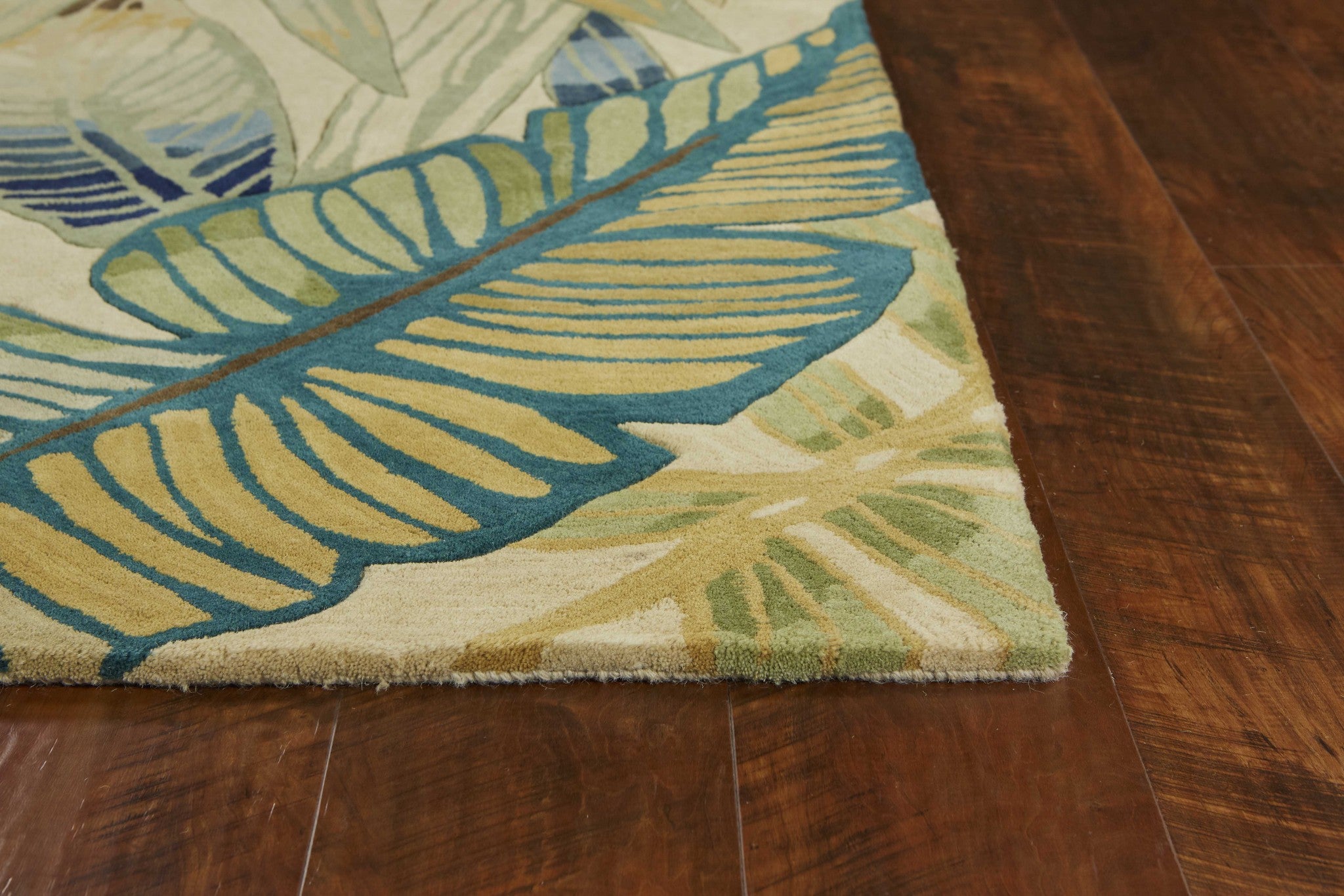 5' X 8' Ivory Teal And Green Wool Tropical Botanical Hand Tufted Area Rug-Area Rugs-DECOROLALA