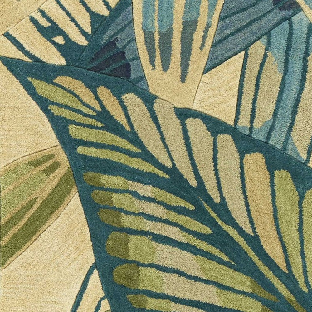 5' X 8' Ivory Teal And Green Wool Tropical Botanical Hand Tufted Area Rug-Area Rugs-DECOROLALA