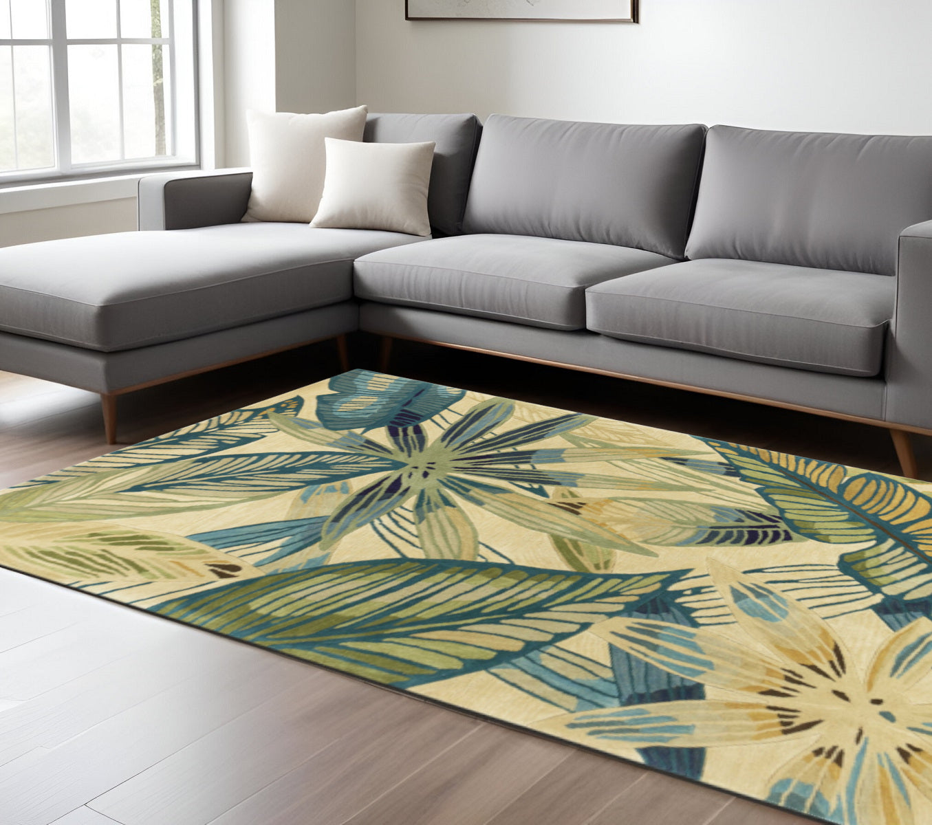5' X 8' Ivory Teal And Green Wool Tropical Botanical Hand Tufted Area Rug-Area Rugs-DECOROLALA