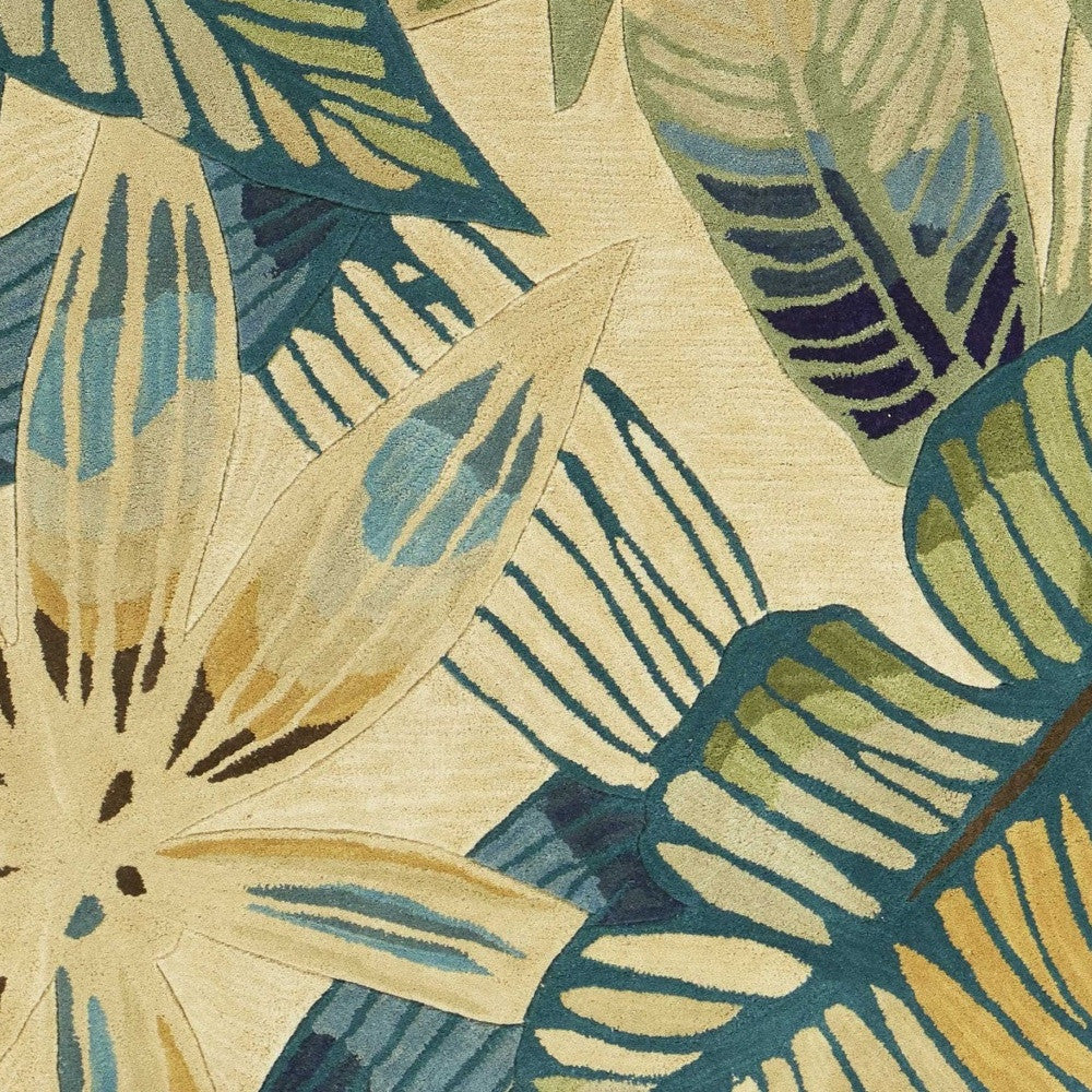 5' X 8' Ivory Teal And Green Wool Tropical Botanical Hand Tufted Area Rug-Area Rugs-DECOROLALA