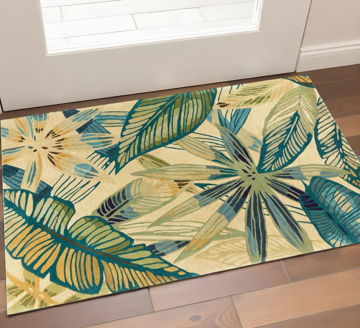 5' X 8' Ivory Teal And Green Wool Tropical Botanical Hand Tufted Area Rug-Area Rugs-DECOROLALA