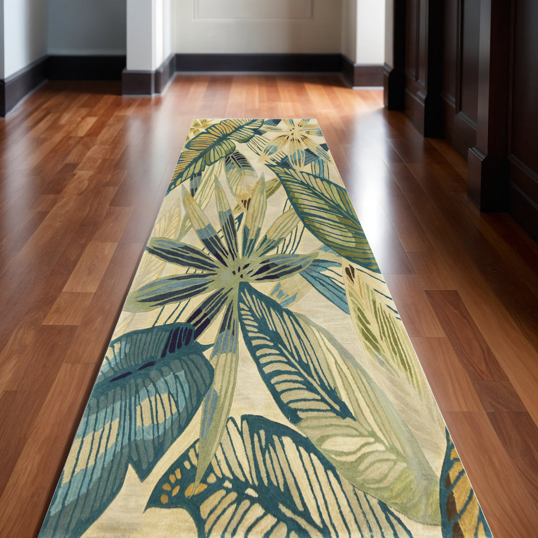 5' X 8' Ivory Teal And Green Wool Tropical Botanical Hand Tufted Area Rug-Area Rugs-DECOROLALA