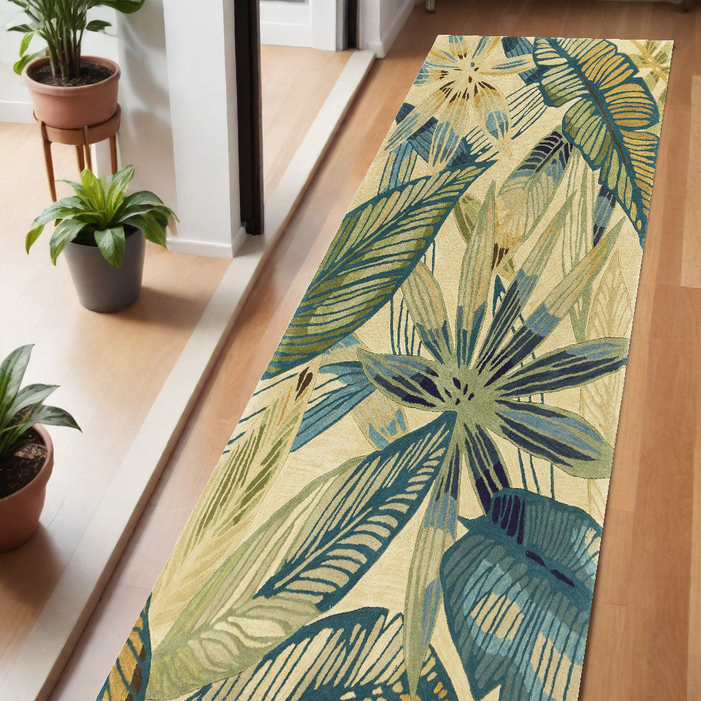 5' X 8' Ivory Teal And Green Wool Tropical Botanical Hand Tufted Area Rug-Area Rugs-DECOROLALA