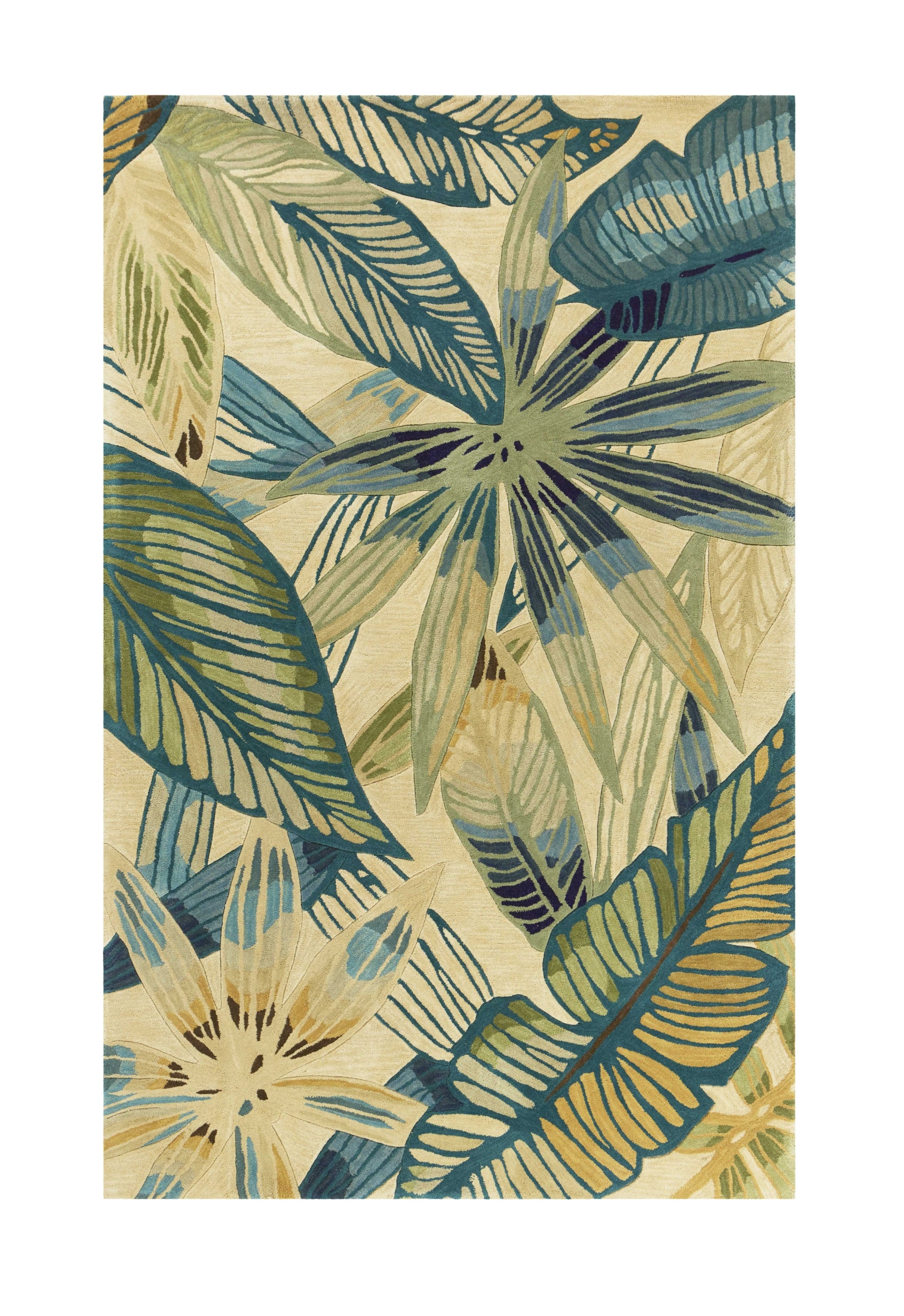 5' X 8' Ivory Teal And Green Wool Tropical Botanical Hand Tufted Area Rug-Area Rugs-DECOROLALA