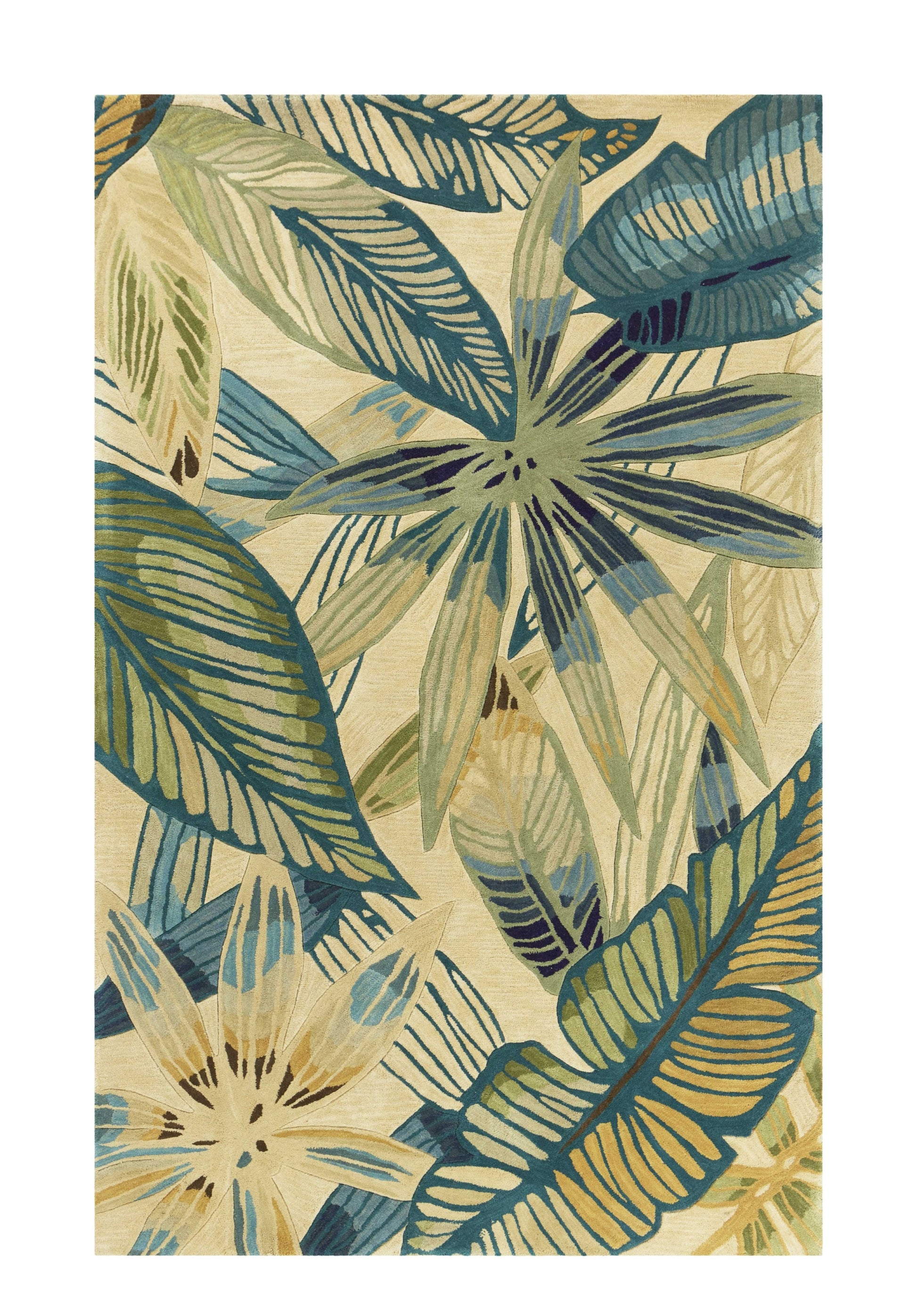 5' X 8' Ivory Teal And Green Wool Tropical Botanical Hand Tufted Area Rug-Area Rugs-DECOROLALA
