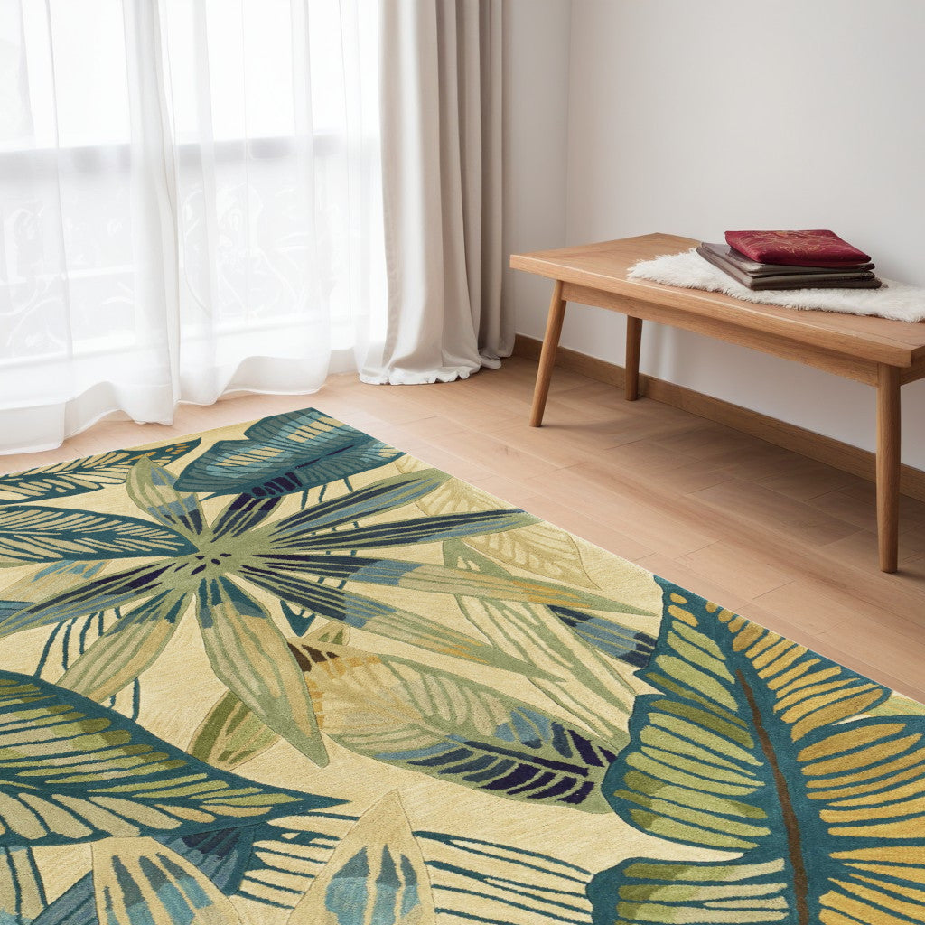 5' X 8' Ivory Teal And Green Wool Tropical Botanical Hand Tufted Area Rug-Area Rugs-DECOROLALA