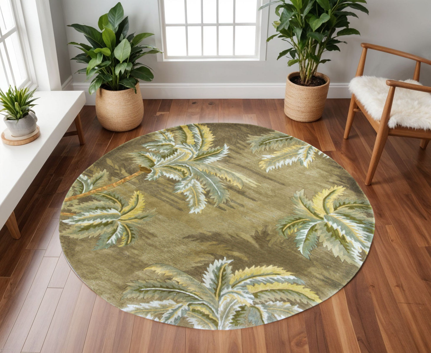 5' X 8' Moss Green And Yellow Wool Tropical Botanical Hand Tufted Area Rug-Area Rugs-DECOROLALA