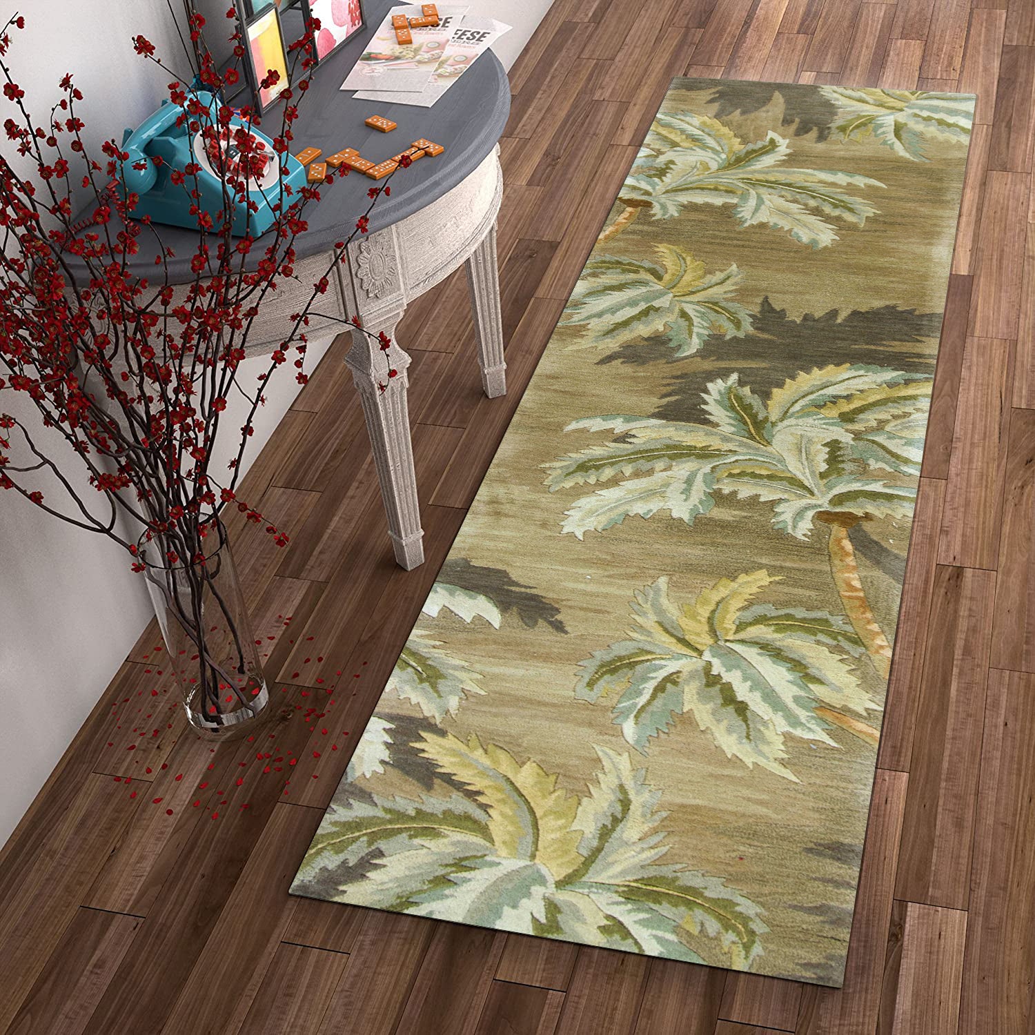 5' X 8' Moss Green And Yellow Wool Tropical Botanical Hand Tufted Area Rug-Area Rugs-DECOROLALA