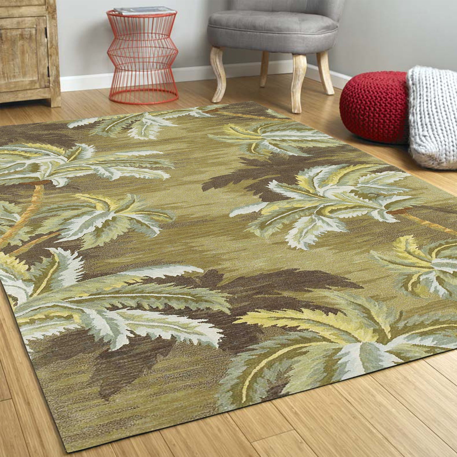 5' X 8' Moss Green And Yellow Wool Tropical Botanical Hand Tufted Area Rug-Area Rugs-DECOROLALA