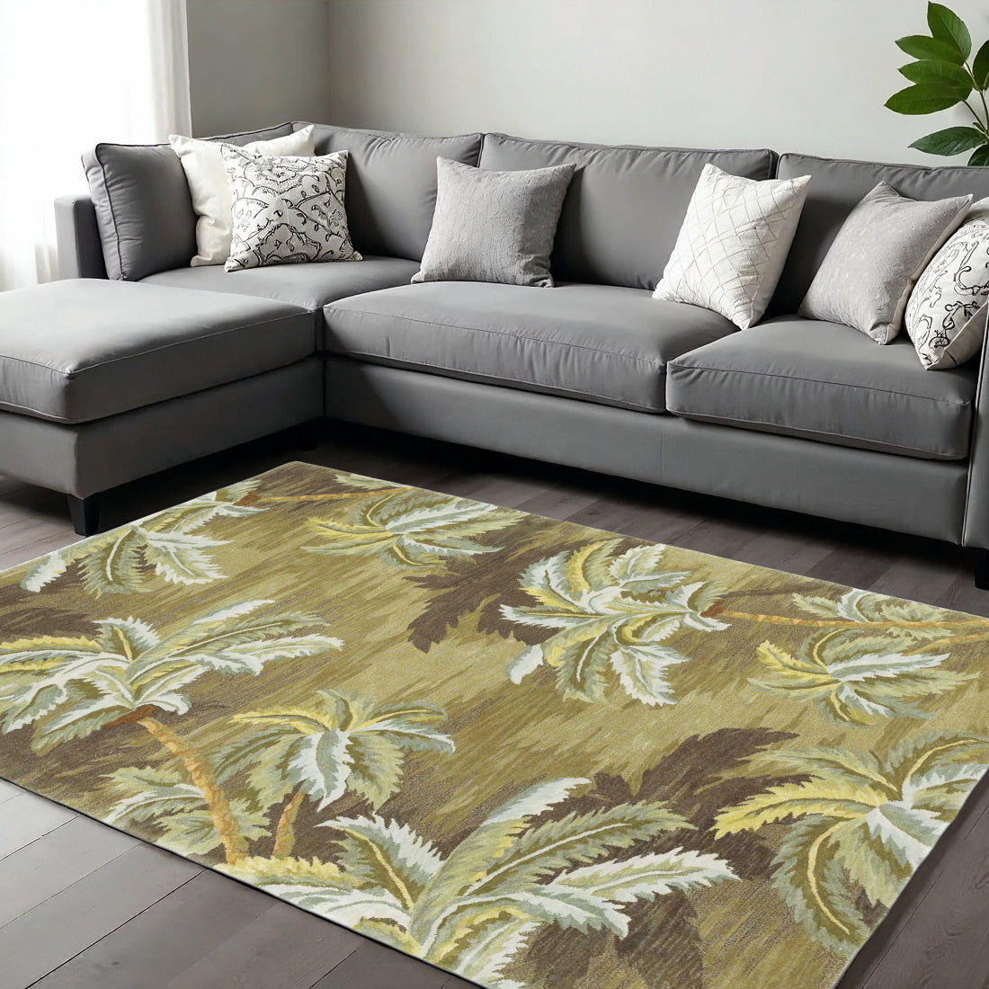 5' X 8' Moss Green And Yellow Wool Tropical Botanical Hand Tufted Area Rug-Area Rugs-DECOROLALA