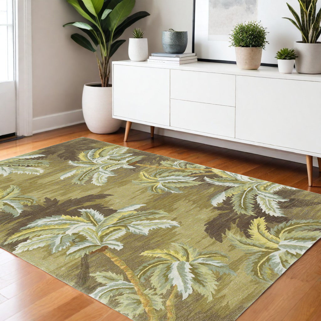 5' X 8' Moss Green And Yellow Wool Tropical Botanical Hand Tufted Area Rug-Area Rugs-DECOROLALA
