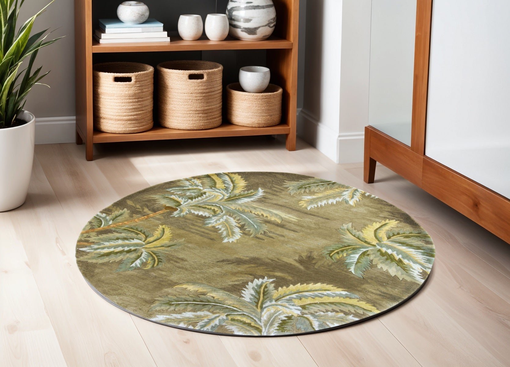 5' X 8' Moss Green And Yellow Wool Tropical Botanical Hand Tufted Area Rug-Area Rugs-DECOROLALA