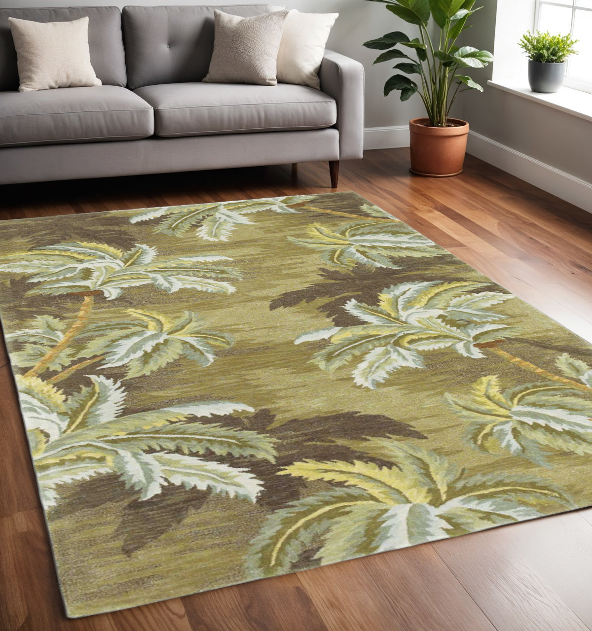 5' X 8' Moss Green And Yellow Wool Tropical Botanical Hand Tufted Area Rug-Area Rugs-DECOROLALA