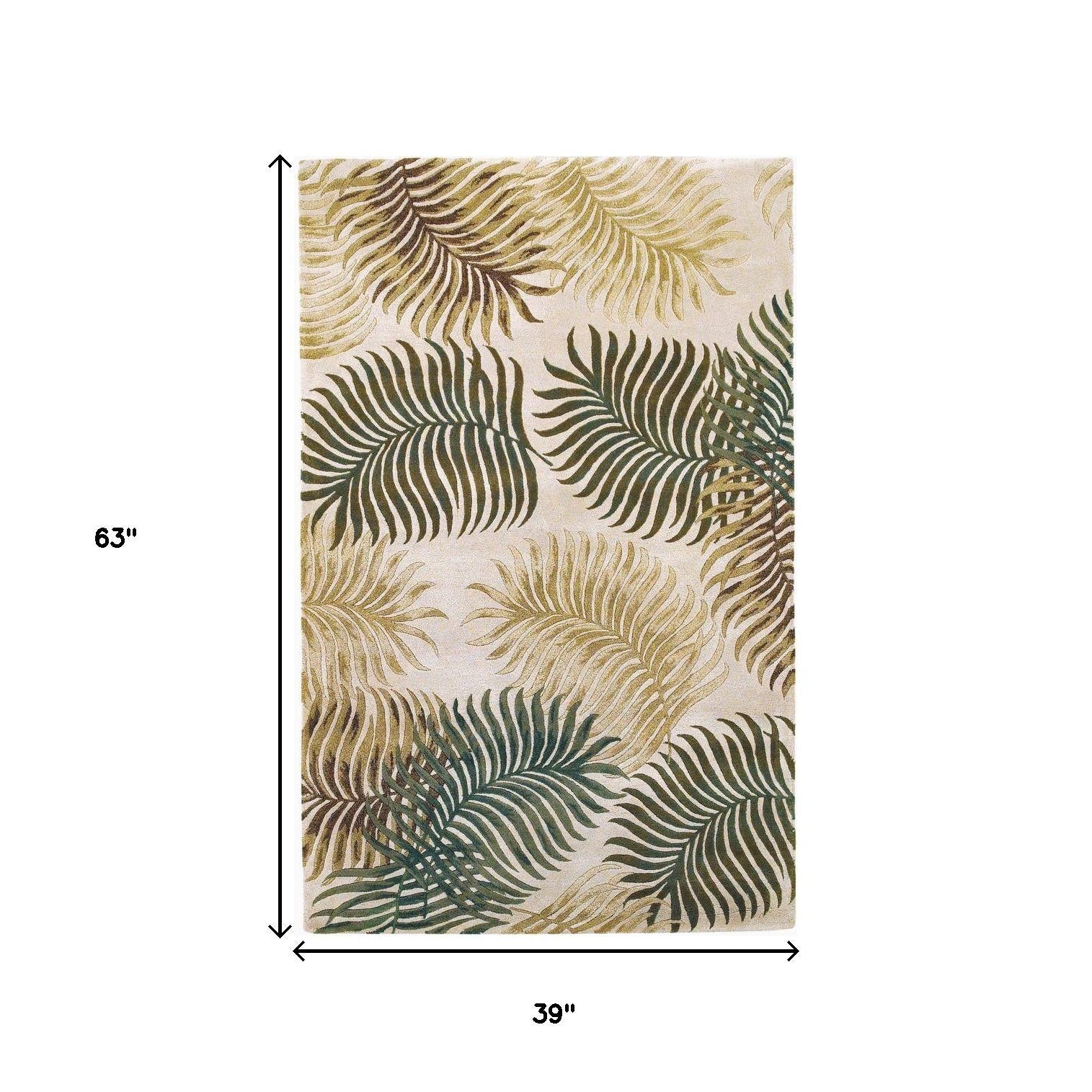 5' X 8' Natural Green And Brown Wool Botanical Leaves Hand Tufted Area Rug-Area Rugs-DECOROLALA