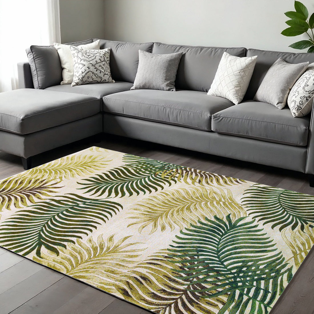 5' X 8' Natural Green And Brown Wool Botanical Leaves Hand Tufted Area Rug-Area Rugs-DECOROLALA