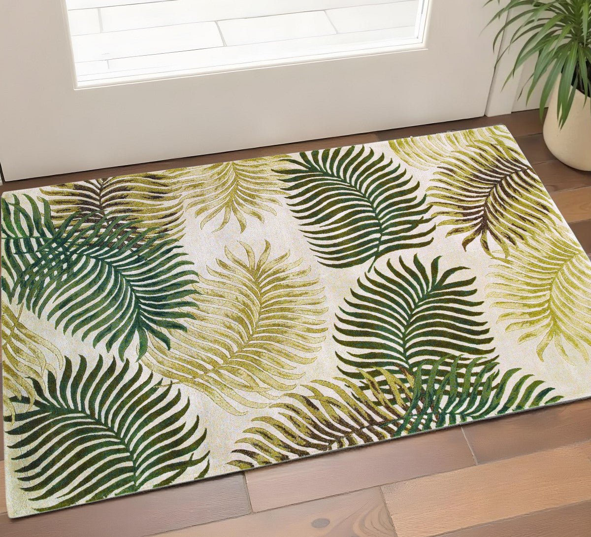 5' X 8' Natural Green And Brown Wool Botanical Leaves Hand Tufted Area Rug-Area Rugs-DECOROLALA