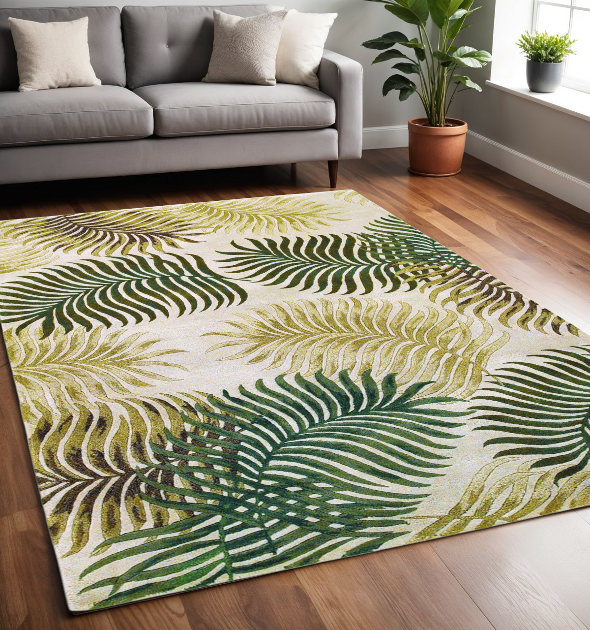 5' X 8' Natural Green And Brown Wool Botanical Leaves Hand Tufted Area Rug-Area Rugs-DECOROLALA