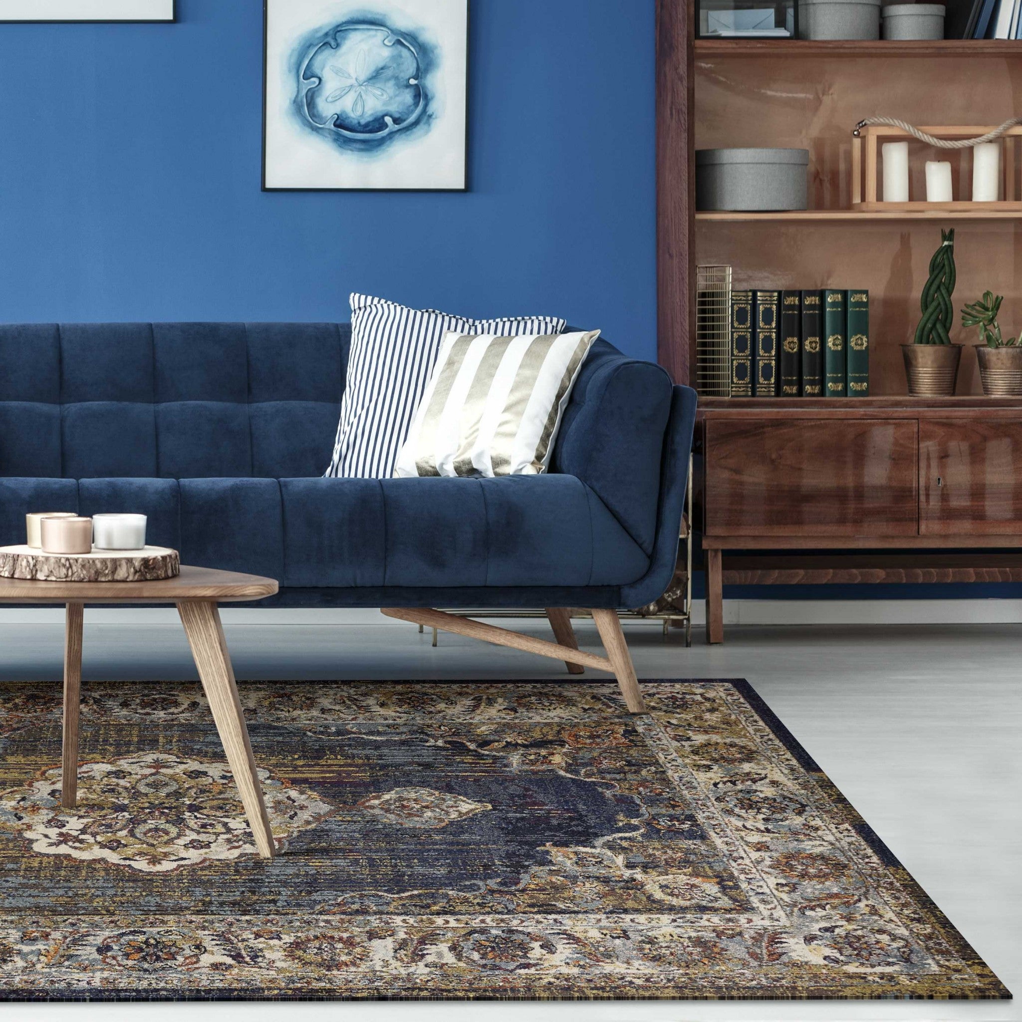 5' X 8' Navy Blue Gold And Ivory Medallion Area Rug-Area Rugs-DECOROLALA