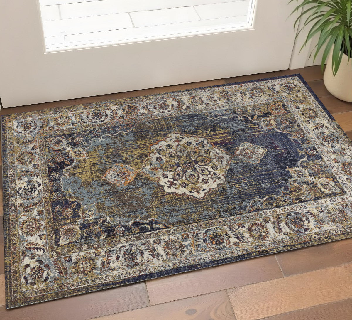 5' X 8' Navy Blue Gold And Ivory Medallion Area Rug-Area Rugs-DECOROLALA