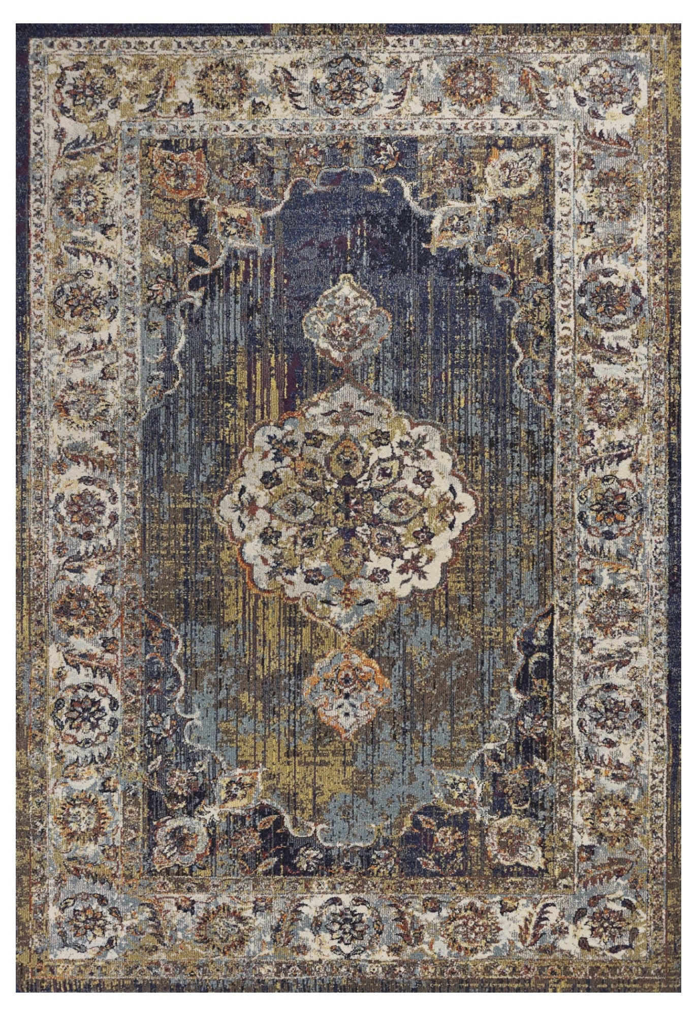 5' X 8' Navy Blue Gold And Ivory Medallion Area Rug-Area Rugs-DECOROLALA