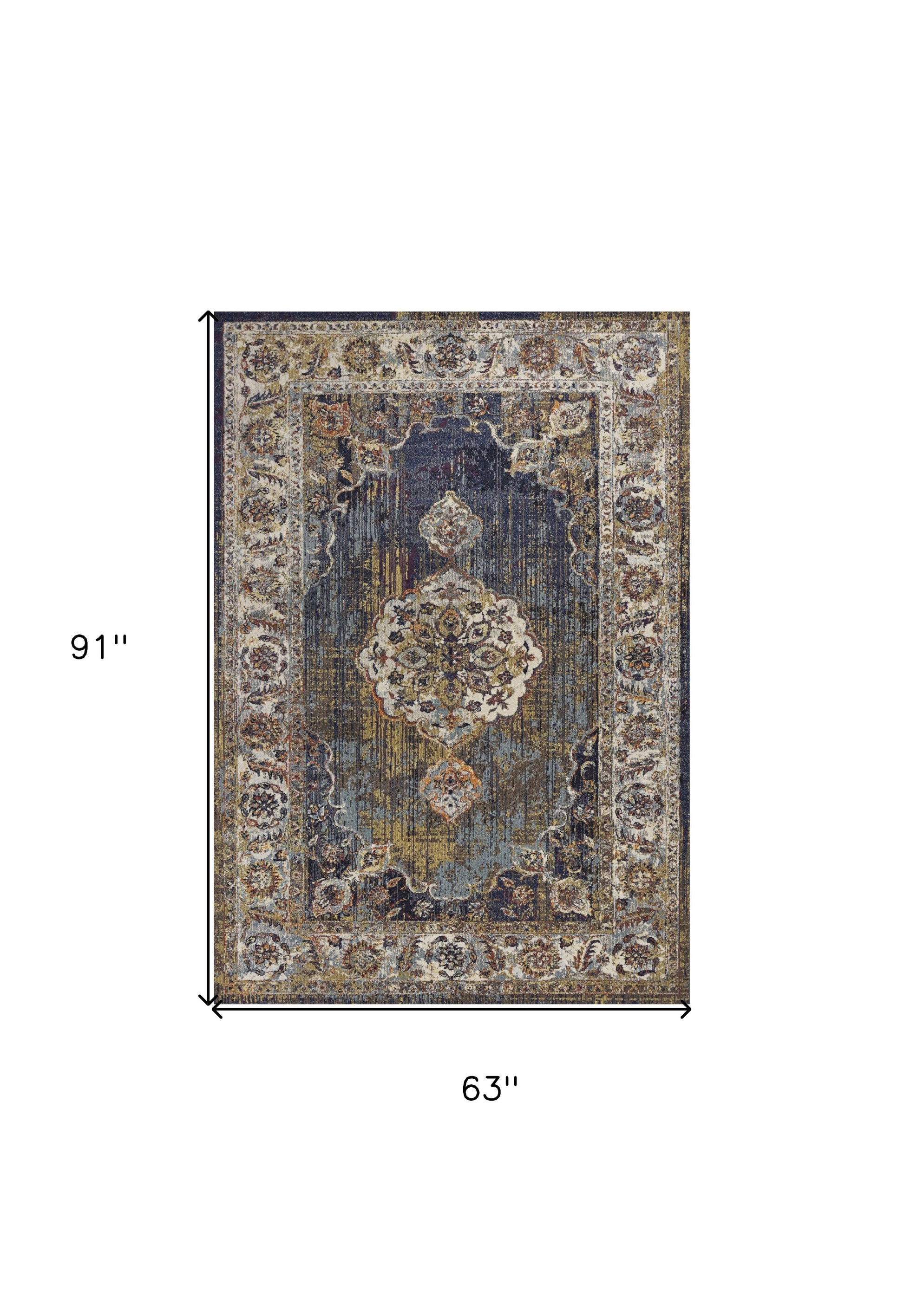 5' X 8' Navy Blue Gold And Ivory Medallion Area Rug-Area Rugs-DECOROLALA