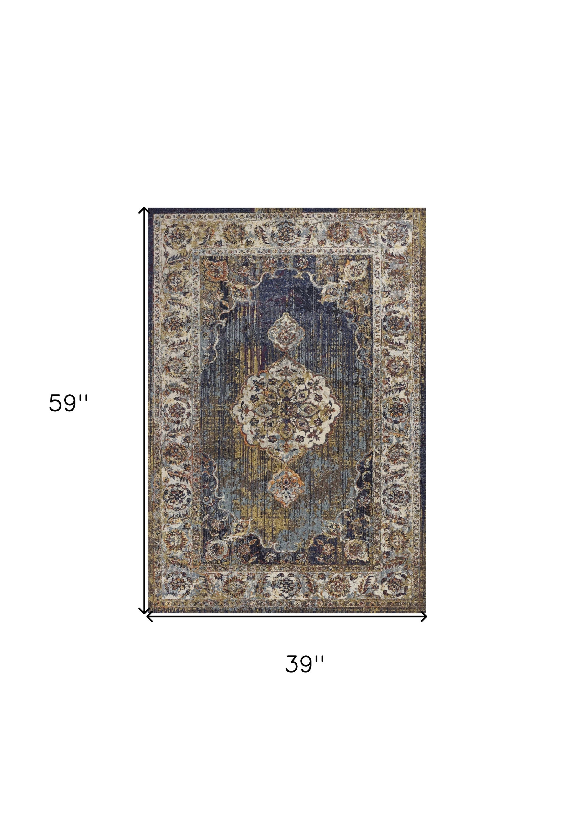 5' X 8' Navy Blue Gold And Ivory Medallion Area Rug-Area Rugs-DECOROLALA