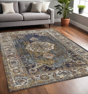 5' X 8' Navy Blue Gold And Ivory Medallion Area Rug-Area Rugs-DECOROLALA