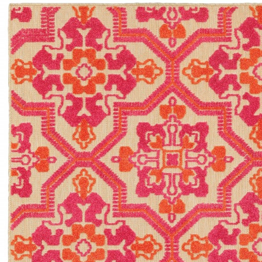 5' X 8' Pink And Orange Moroccan Indoor Outdoor Area Rug-Outdoor Rugs-DECOROLALA