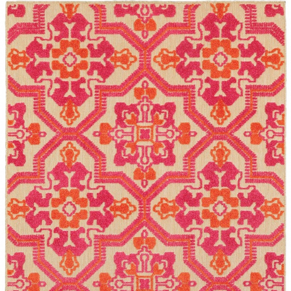 5' X 8' Pink And Orange Moroccan Indoor Outdoor Area Rug-Outdoor Rugs-DECOROLALA