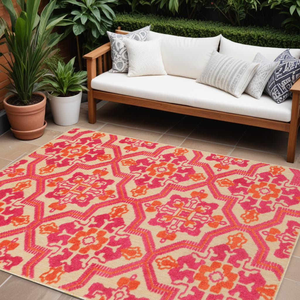 5' X 8' Pink And Orange Moroccan Indoor Outdoor Area Rug-Outdoor Rugs-DECOROLALA