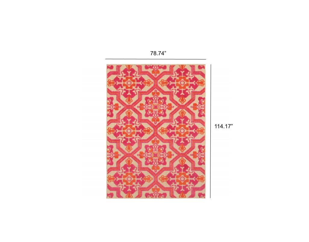 5' X 8' Pink And Orange Moroccan Indoor Outdoor Area Rug-Outdoor Rugs-DECOROLALA