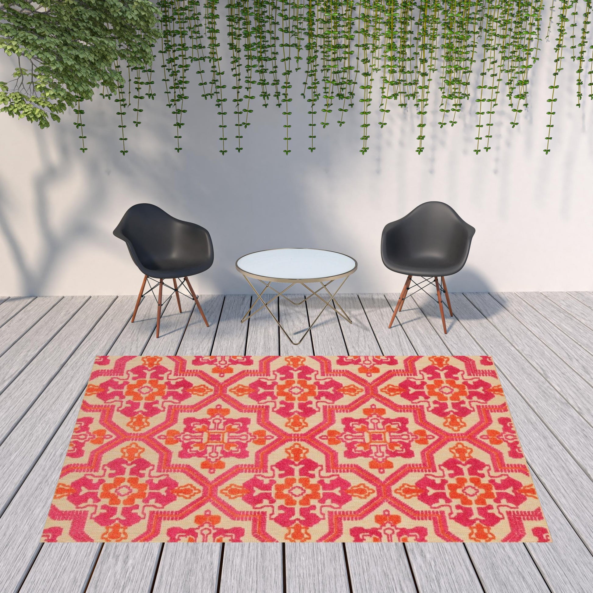 5' X 8' Pink And Orange Moroccan Indoor Outdoor Area Rug-Outdoor Rugs-DECOROLALA