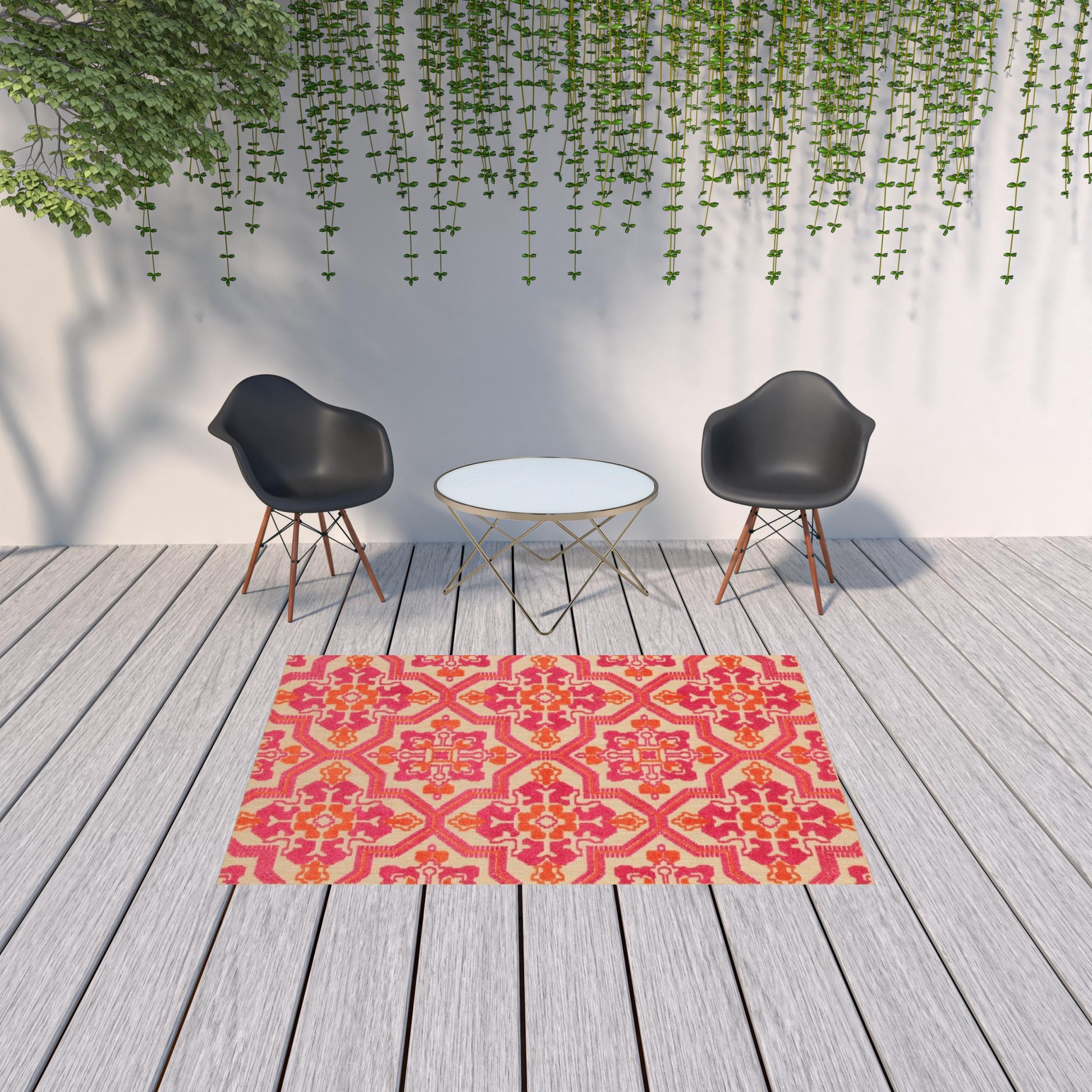 5' X 8' Pink And Orange Moroccan Indoor Outdoor Area Rug-Outdoor Rugs-DECOROLALA