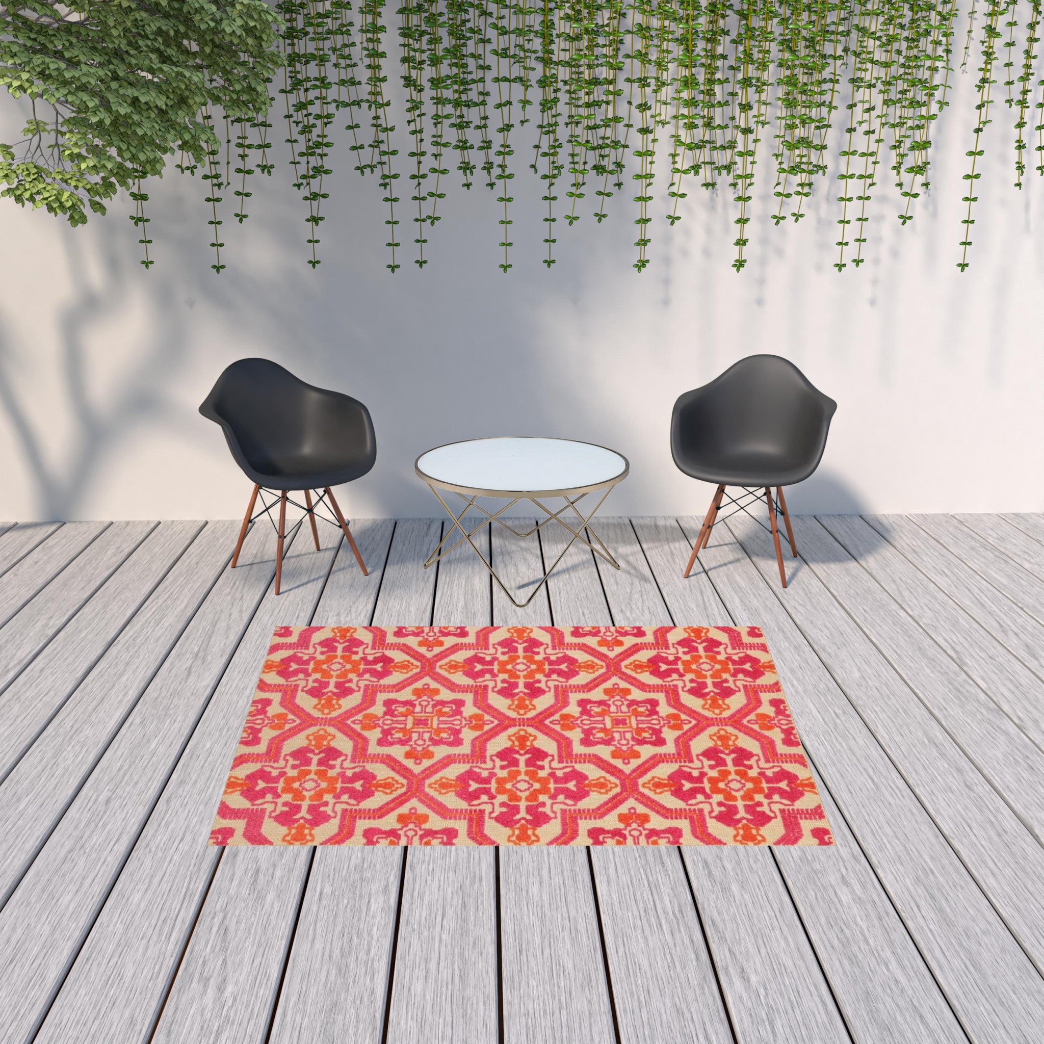 5' X 8' Pink And Orange Moroccan Indoor Outdoor Area Rug-Outdoor Rugs-DECOROLALA