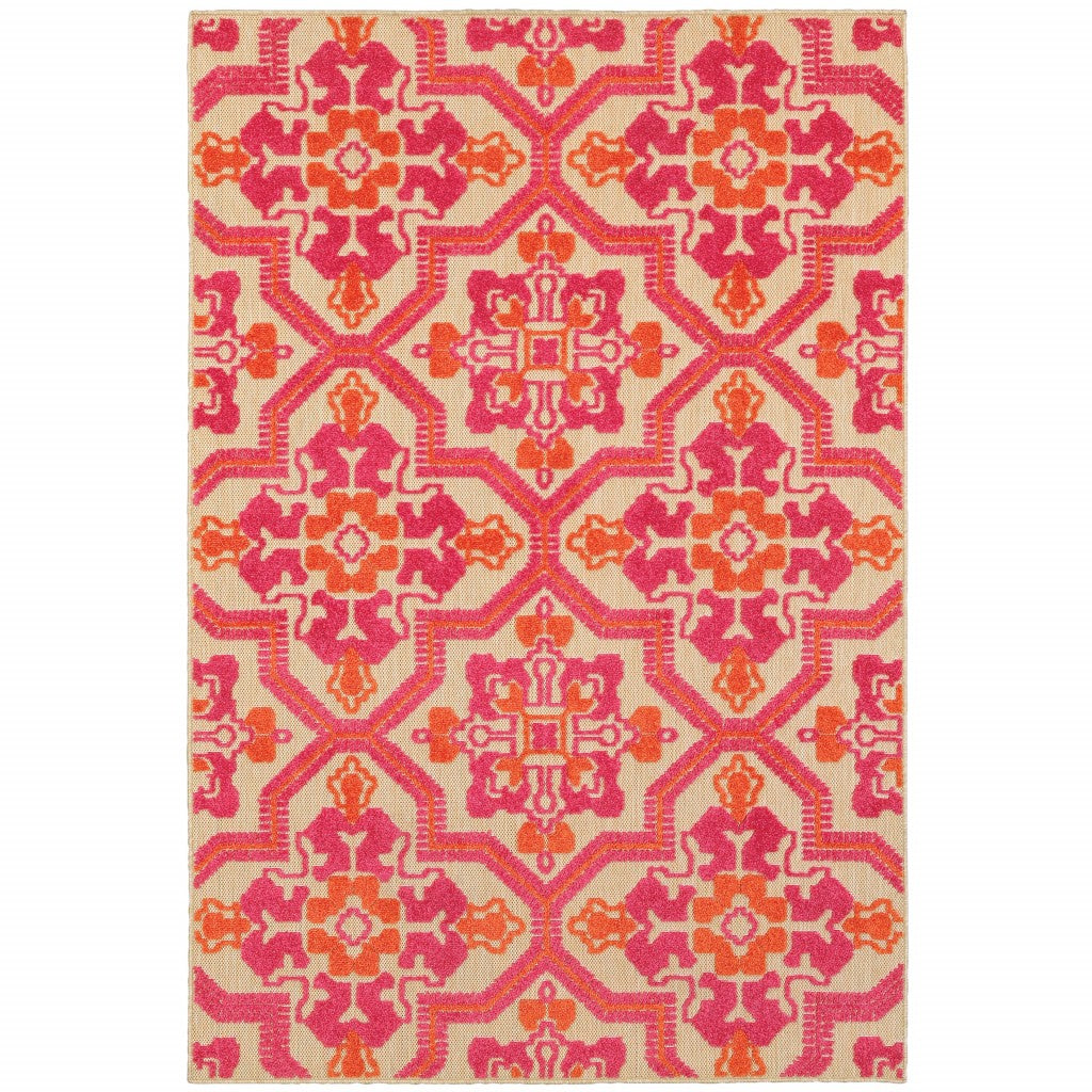 5' X 8' Pink And Orange Moroccan Indoor Outdoor Area Rug-Outdoor Rugs-DECOROLALA