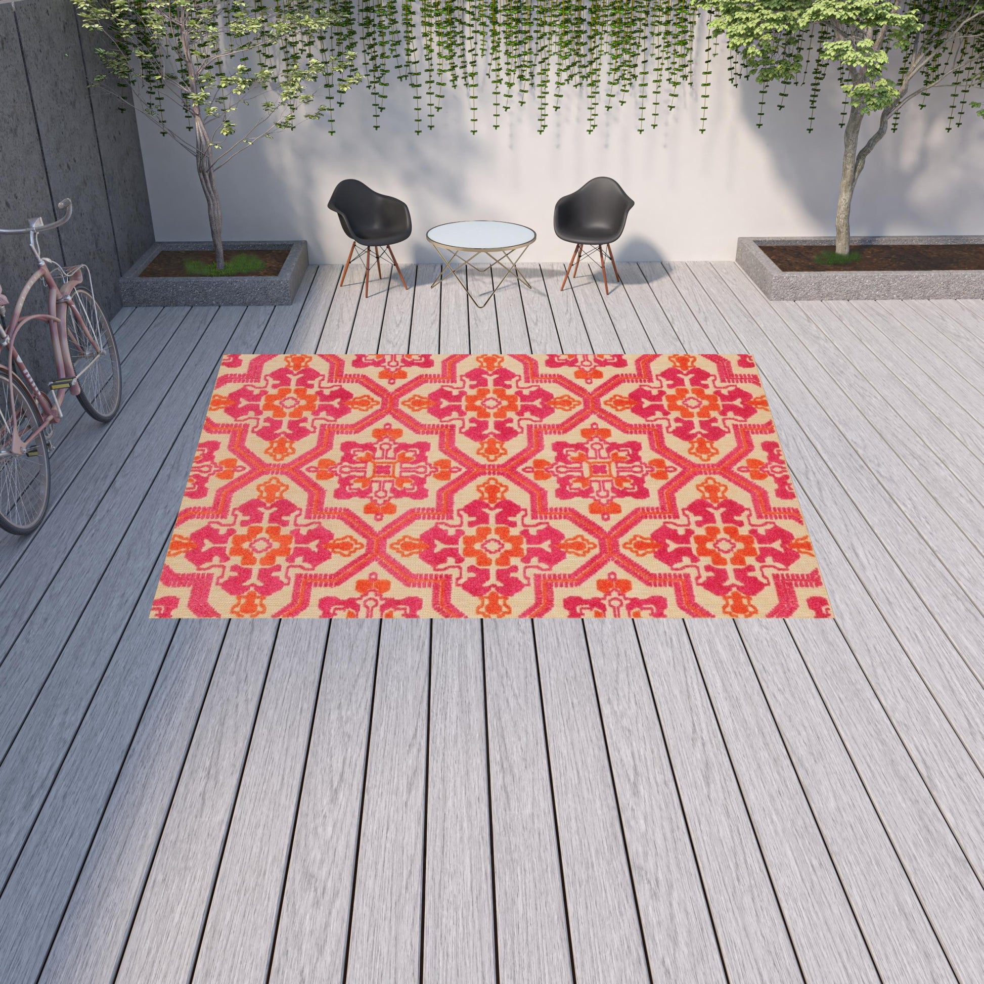 5' X 8' Pink And Orange Moroccan Indoor Outdoor Area Rug-Outdoor Rugs-DECOROLALA