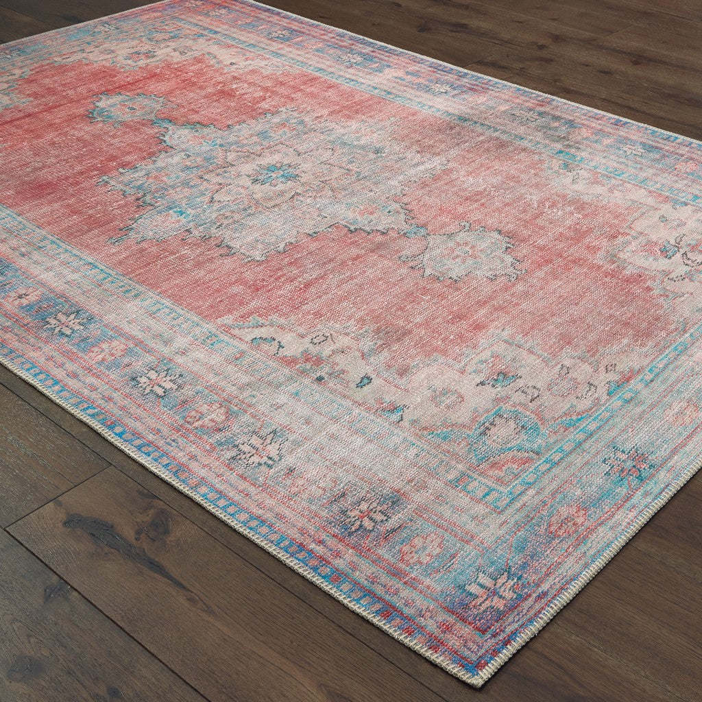 5' X 8' Red And Blue Oriental Area Rug-Area Rugs-DECOROLALA