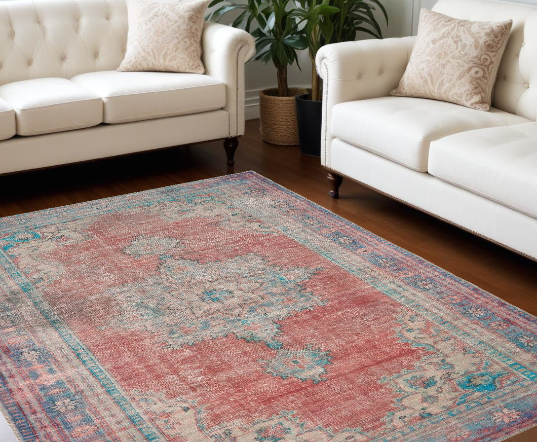 5' X 8' Red And Blue Oriental Area Rug-Area Rugs-DECOROLALA