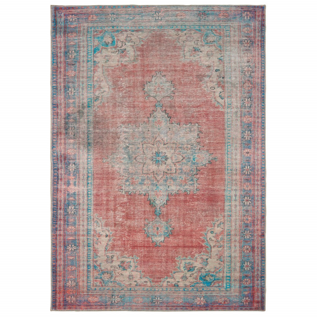 5' X 8' Red And Blue Oriental Area Rug-Area Rugs-DECOROLALA
