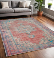 5' X 8' Red And Blue Oriental Area Rug-Area Rugs-DECOROLALA
