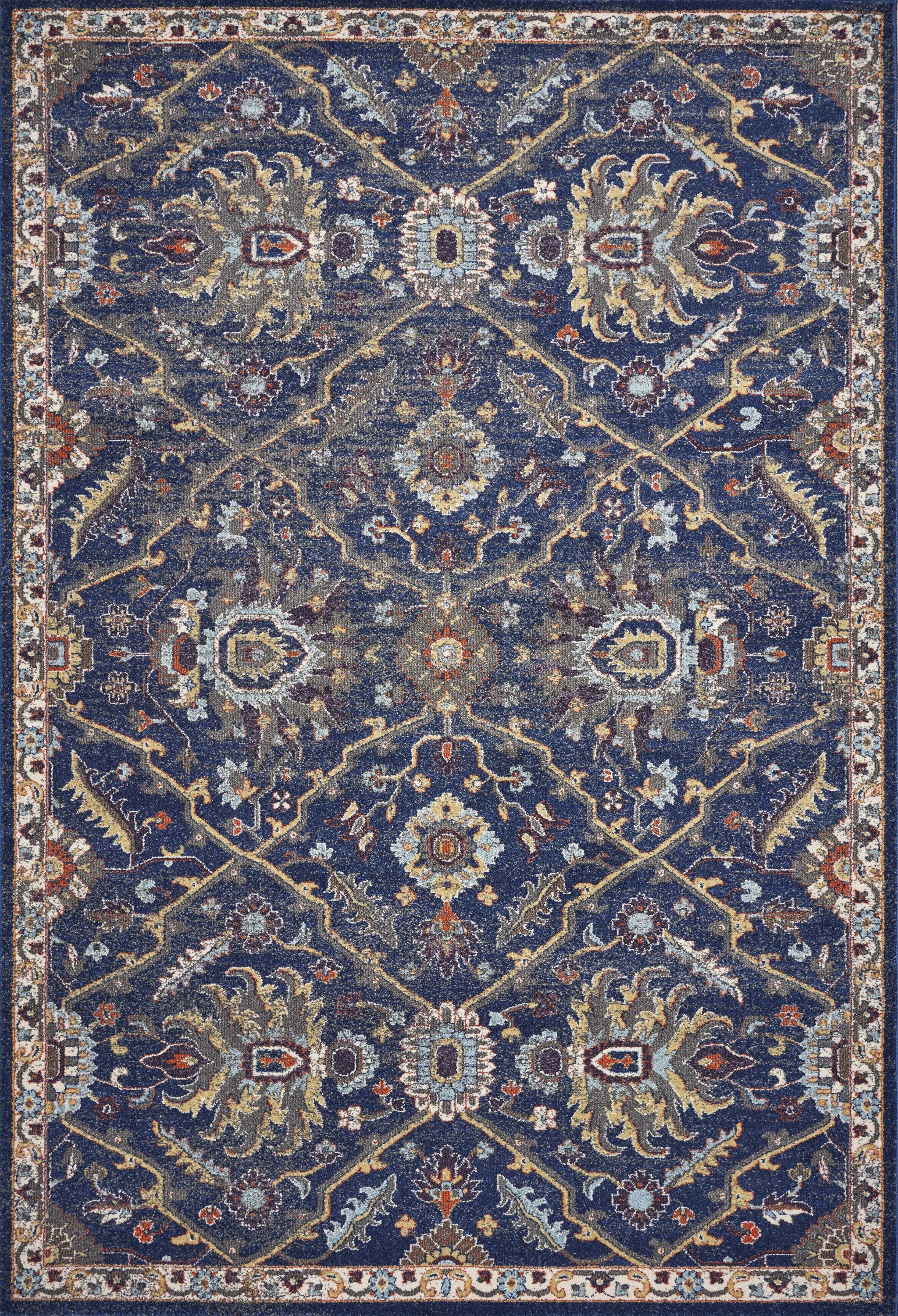5' X 8' Royal Blue Gold And Gray Medallion Area Rug-Area Rugs-DECOROLALA