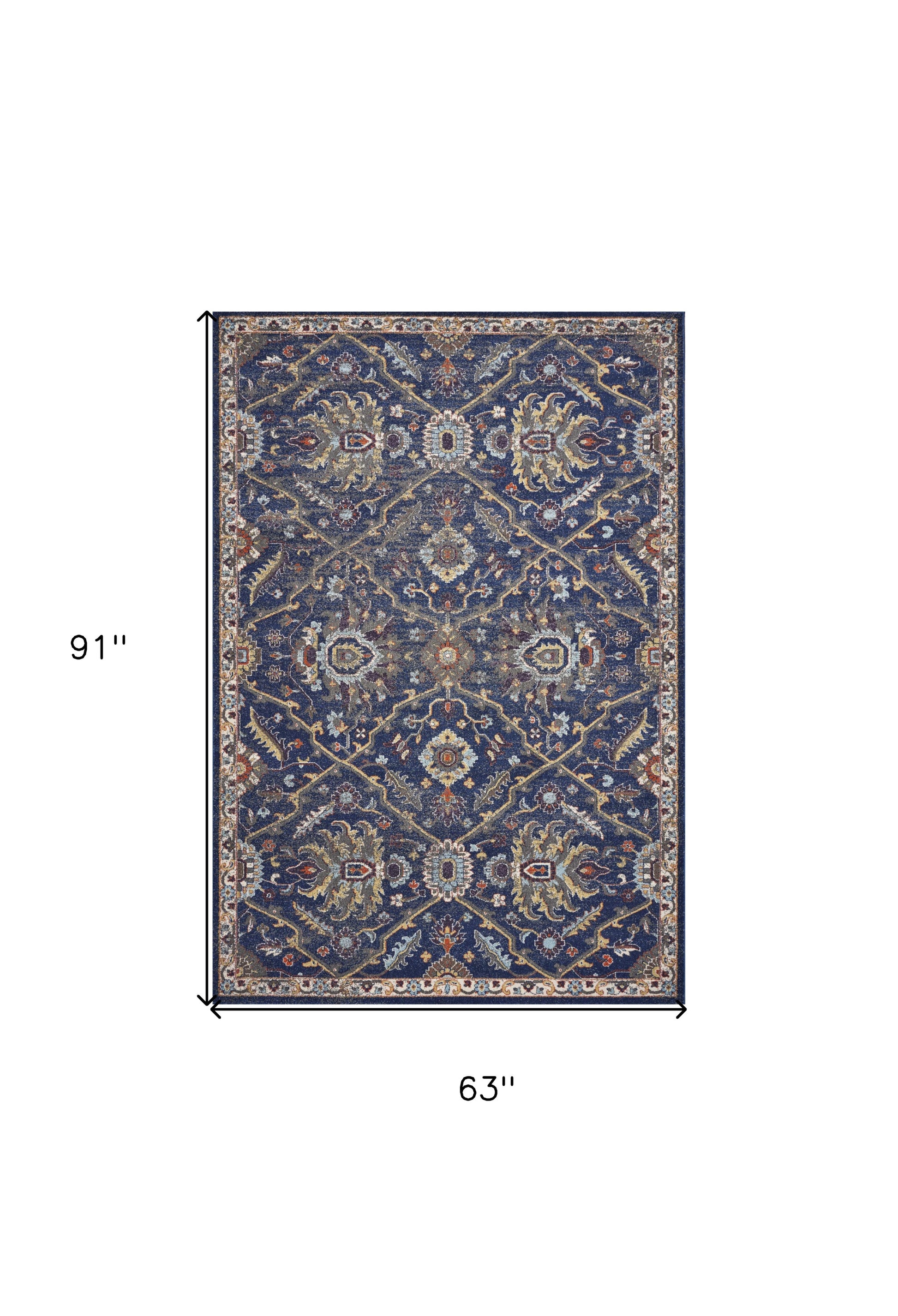 5' X 8' Royal Blue Gold And Gray Medallion Area Rug-Area Rugs-DECOROLALA