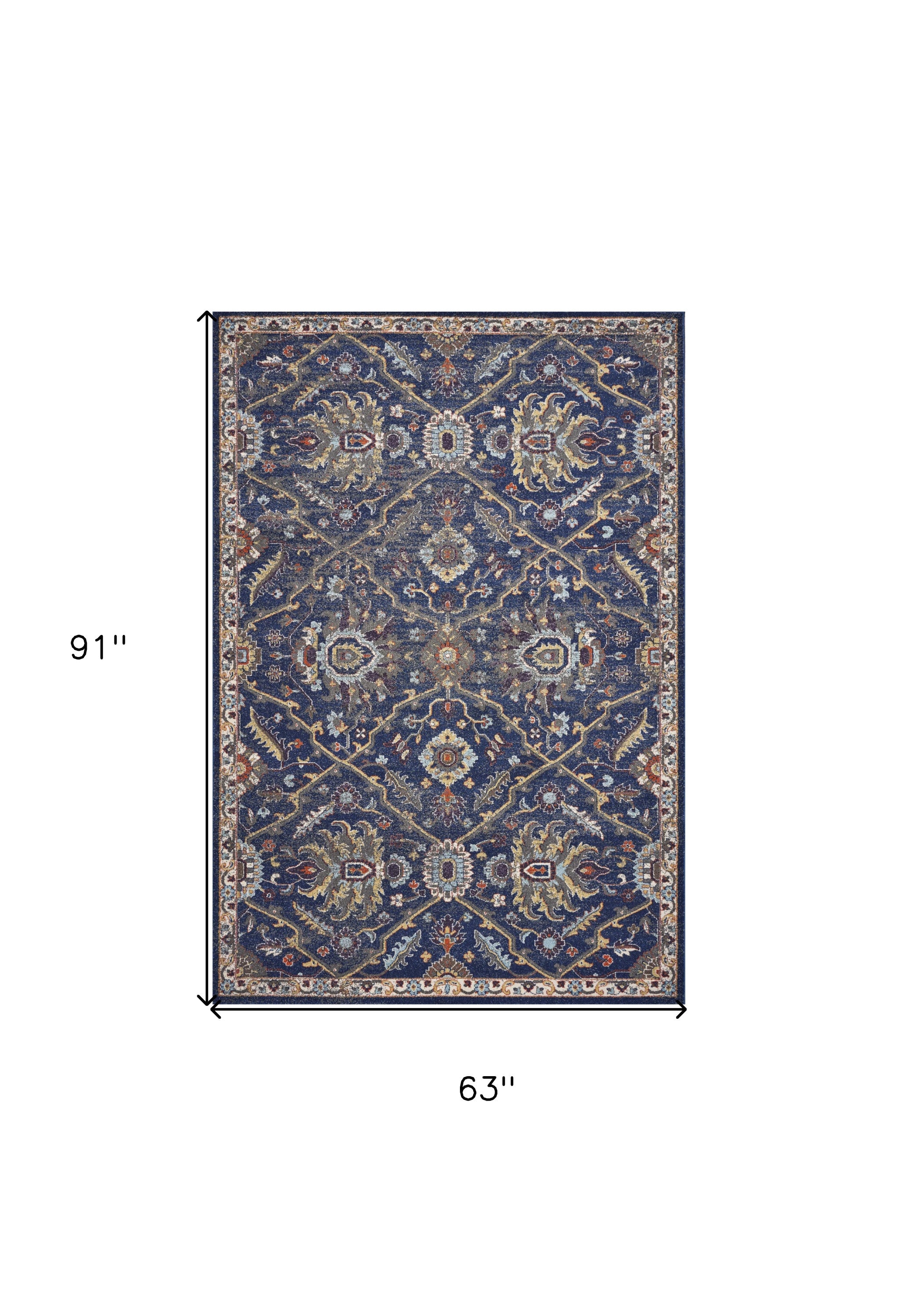 5' X 8' Royal Blue Gold And Gray Medallion Area Rug-Area Rugs-DECOROLALA