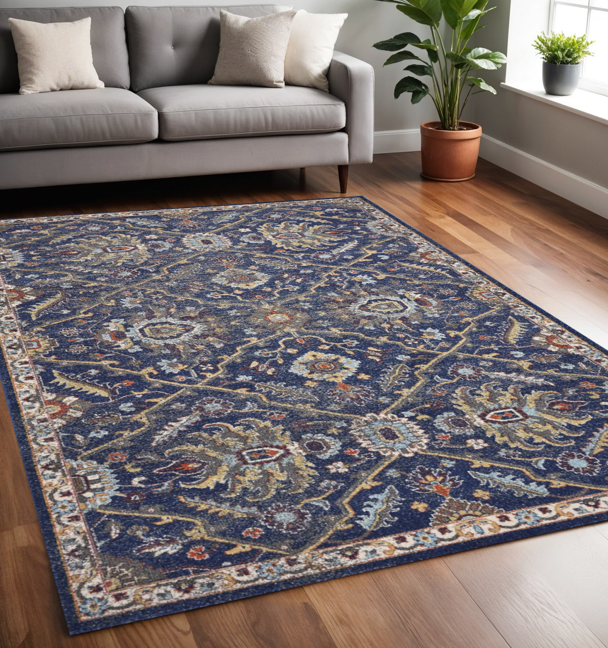 5' X 8' Royal Blue Gold And Gray Medallion Area Rug-Area Rugs-DECOROLALA