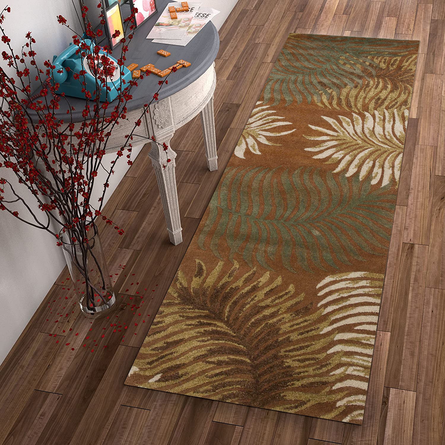 5' X 8' Rust Orange And Green Wool Botanical Leaves Hand Tufted Area Rug-Area Rugs-DECOROLALA