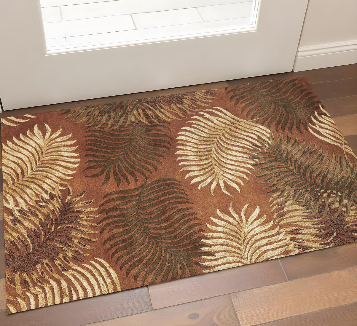 5' X 8' Rust Orange And Green Wool Botanical Leaves Hand Tufted Area Rug-Area Rugs-DECOROLALA