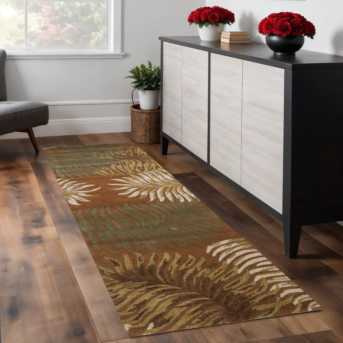 5' X 8' Rust Orange And Green Wool Botanical Leaves Hand Tufted Area Rug-Area Rugs-DECOROLALA