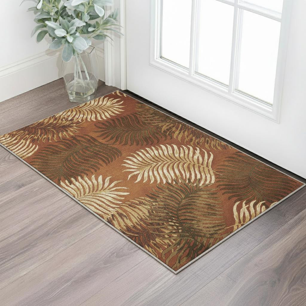 5' X 8' Rust Orange And Green Wool Botanical Leaves Hand Tufted Area Rug-Area Rugs-DECOROLALA