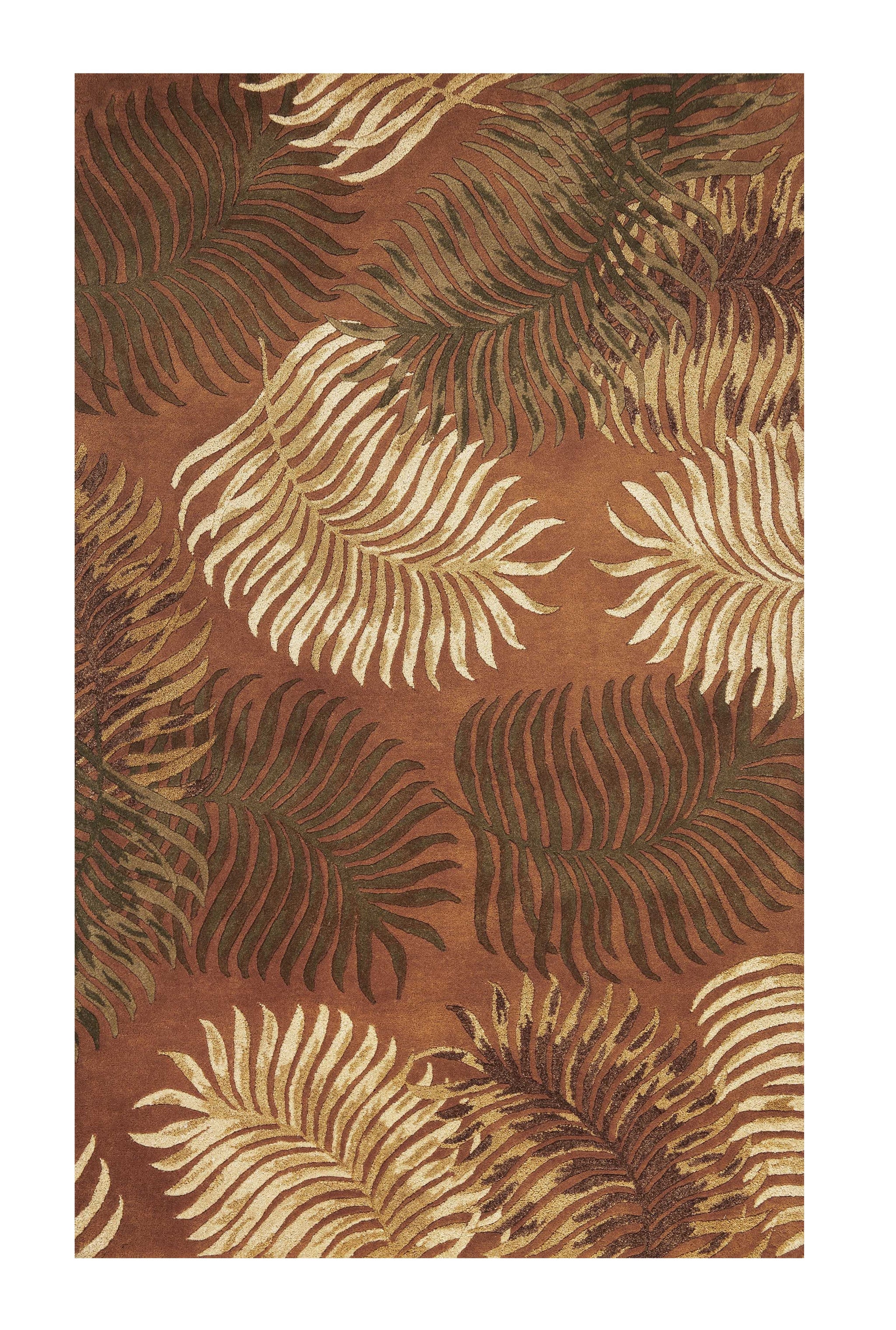 5' X 8' Rust Orange And Green Wool Botanical Leaves Hand Tufted Area Rug-Area Rugs-DECOROLALA